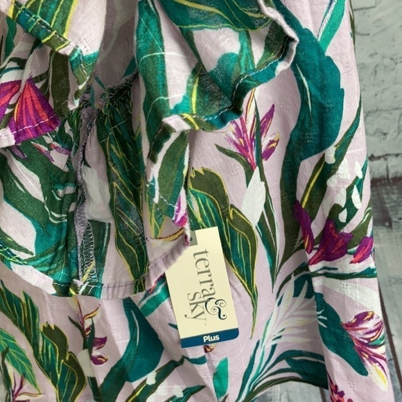Terra & Sky NWT Square Neck Peasant Top Lavender Print 1X Tropical Resortwear - Picture 9 of 14